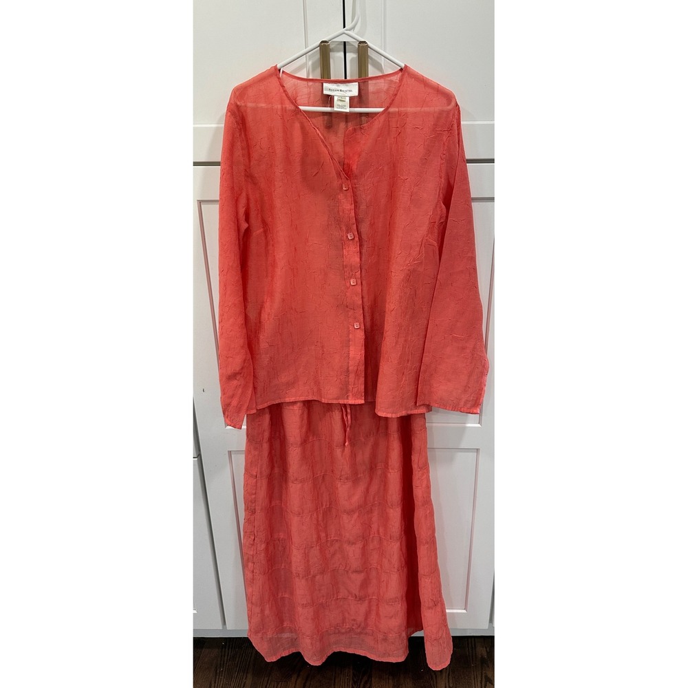 Susan Bristol Coral Pink Textured 2 Piece Skirt Set Blouse Maxi Skirt Womens L